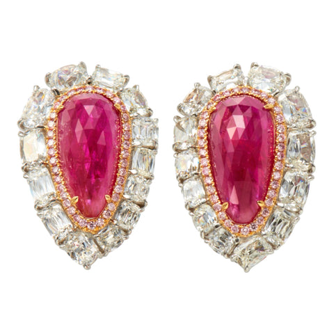 Pear Cabochon Ruby and Diamond Earrings