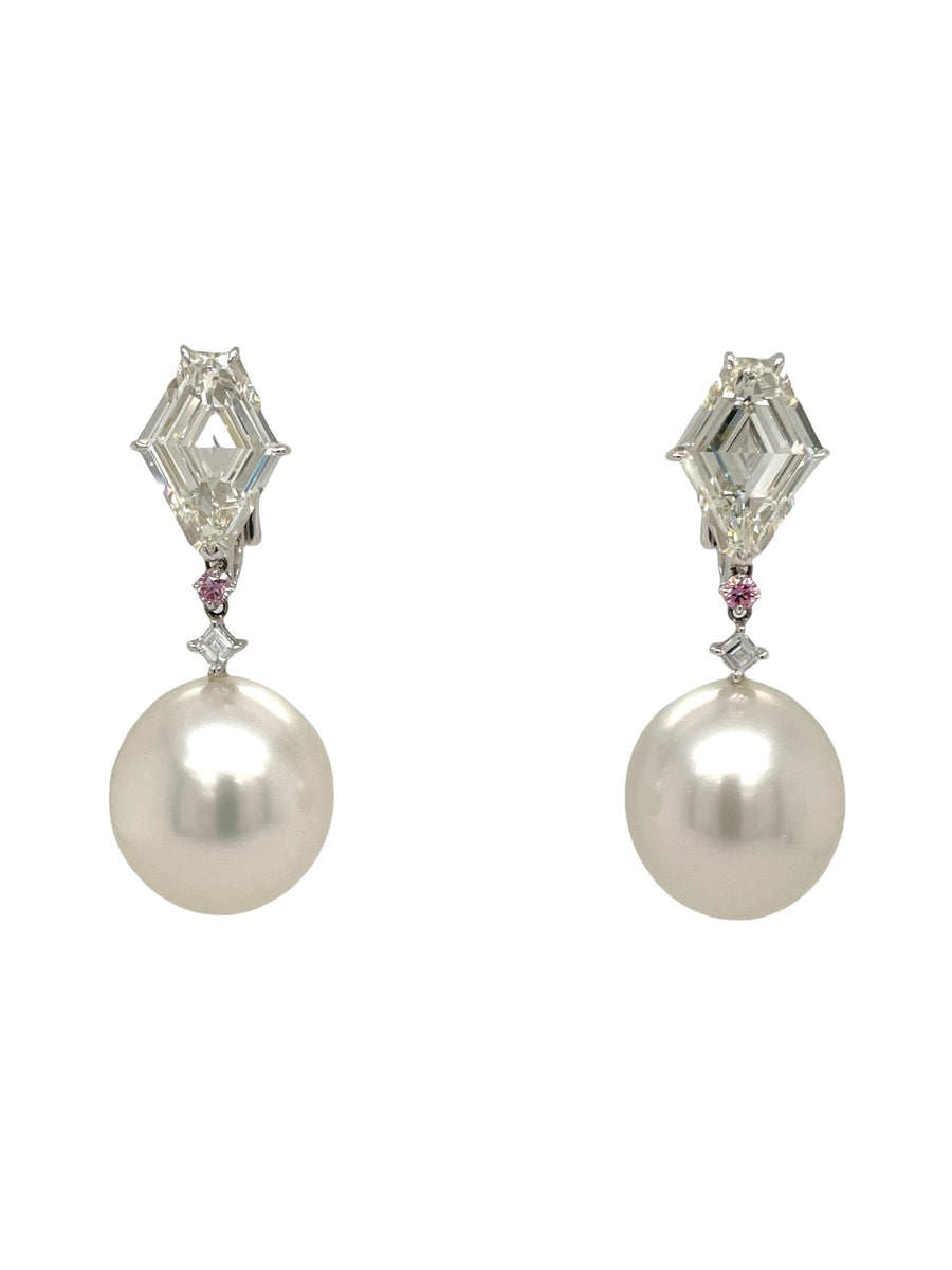 South sea pearl earrings with shield shaped diamonds tops