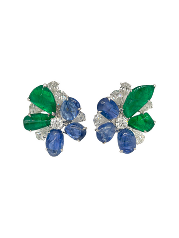 Flower ear clips with sapphire emeralds and diamonds