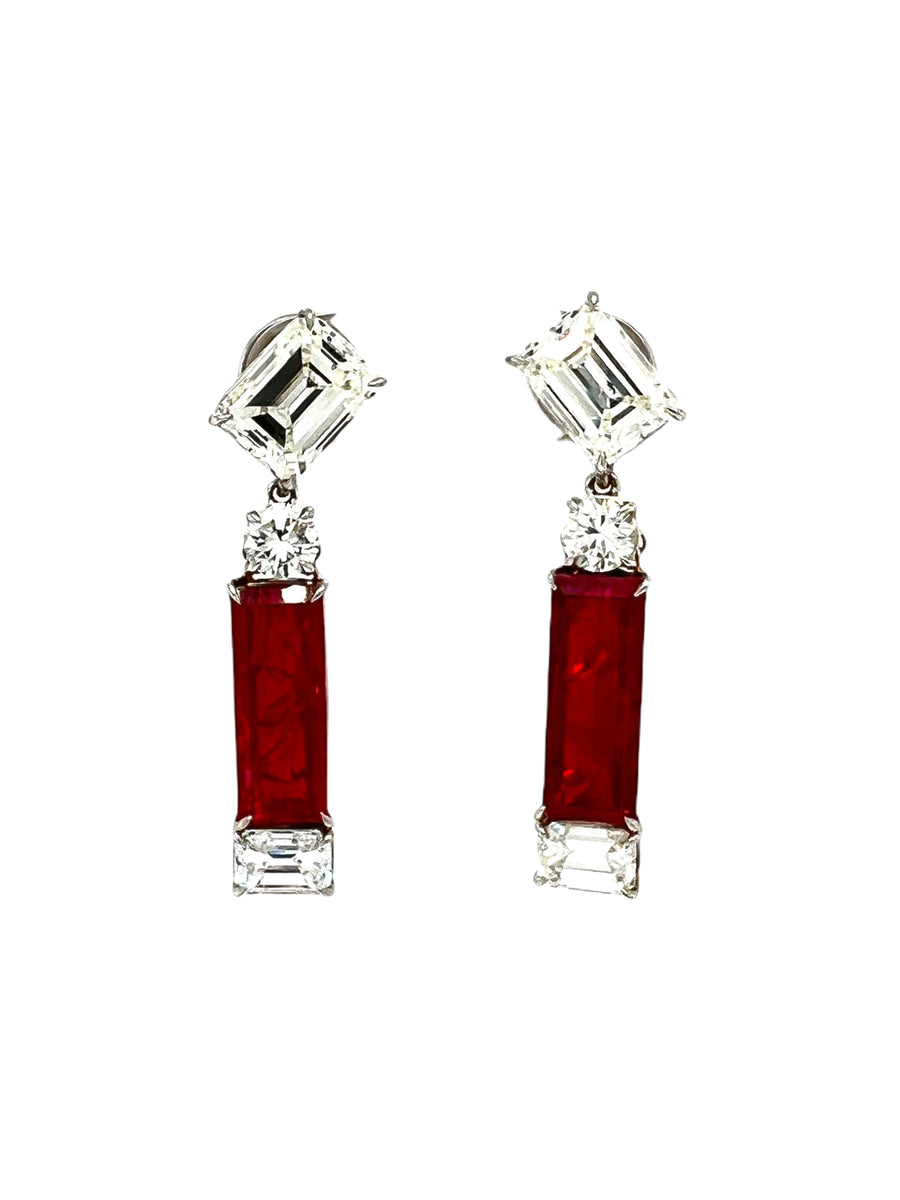 Rectangular ruby earrings with emerald cut diamond tops